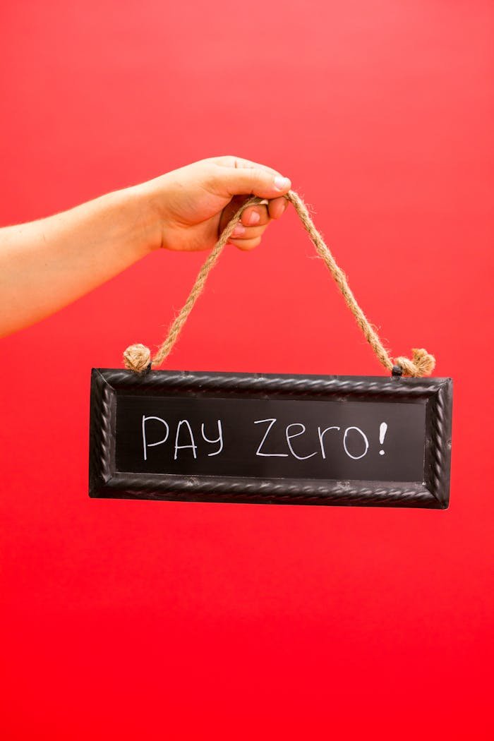 about-img-02 A close-up of a hand holding a small sign with 'PAY ZERO' written on it against a vibrant red background.
